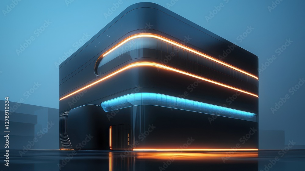 Poster A futuristic 3D building with sleek architecture and glowing accents. 