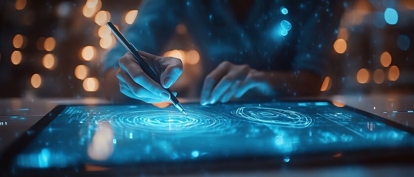 A person using a stylus on a hightech tablet