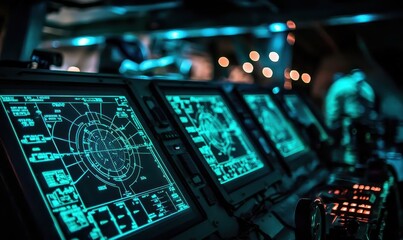 Fototapeta premium The bridge of a ship showcasing cutting-edge navigation tools.