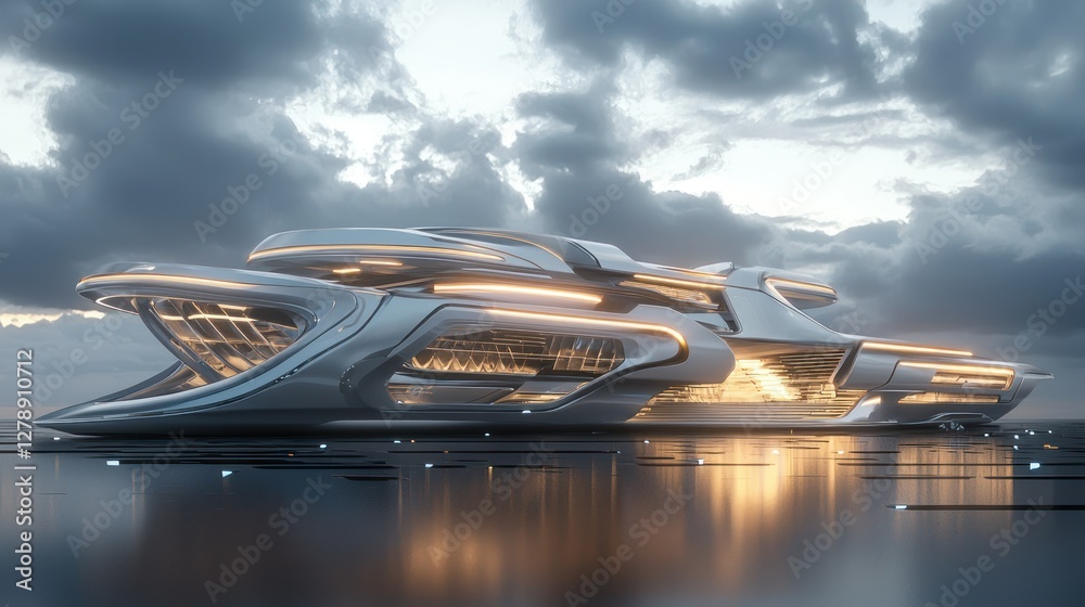 Aufkleber a futuristic 3d building with sleek architecture and glowing accents.