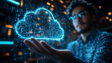 Man holding a digital cloud computing symbol.