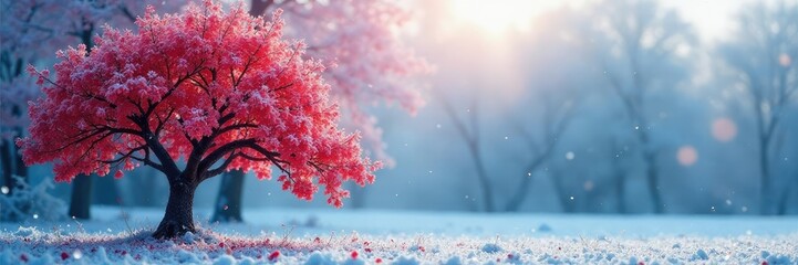 Fototapeta premium Virburnum tree against a frosty glass backdrop, frosty glass, frosty air, icy atmosphere