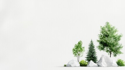 Minimalist nature scene, white rocks, green trees, backdrop for product display