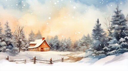 Naklejka premium Winter Cozy Cabin, House in Snowy Forest Landscape with Pine Trees and Snow