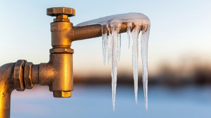 Impact of Winter Weather on Water Systems Concept, Frozen Water Tap with Icicles Hanging from Its Spout in a Winter Landscape