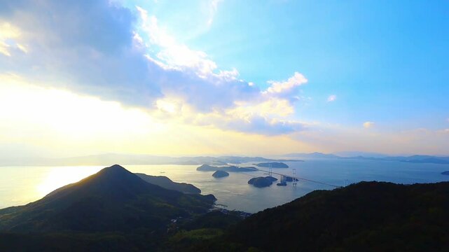 beautifle sunset in the ilands with ocean.roads Shimanami japan
