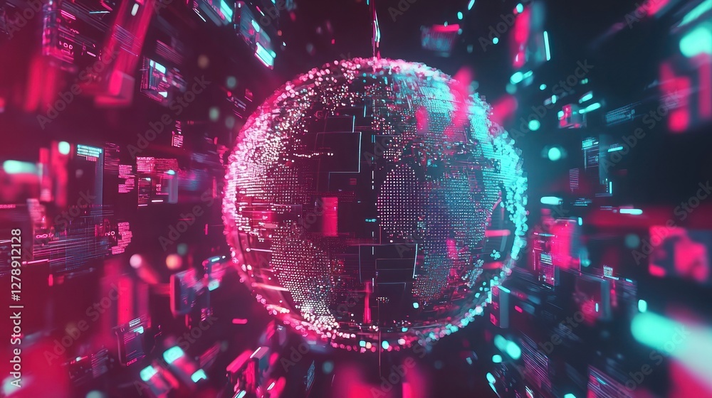 Aufkleber A futuristic 3D globe surrounded by digital data and technological elements. 
