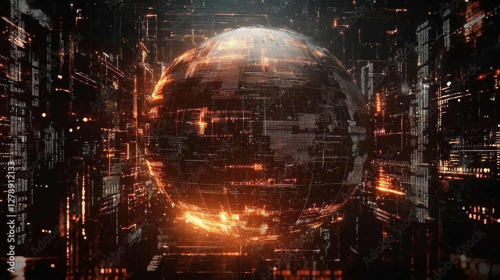 Aufkleber A futuristic 3D globe surrounded by digital data and technological elements. 