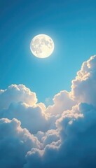 White puffy clouds and bright full moon in the afternoon sky, soft, sky, gentle