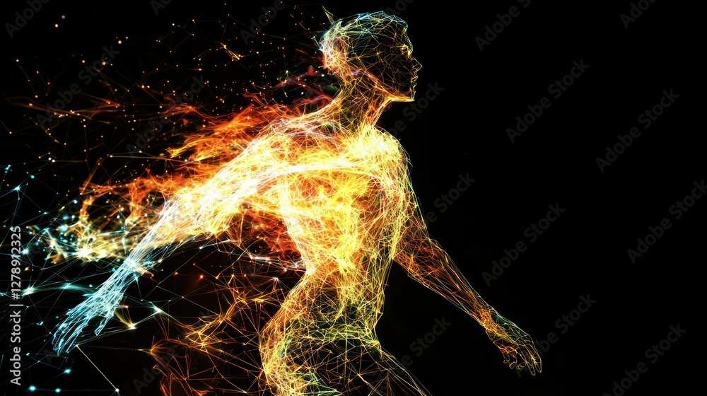 Poster a futuristic 3d human form made of digital polygons and glowing lines.