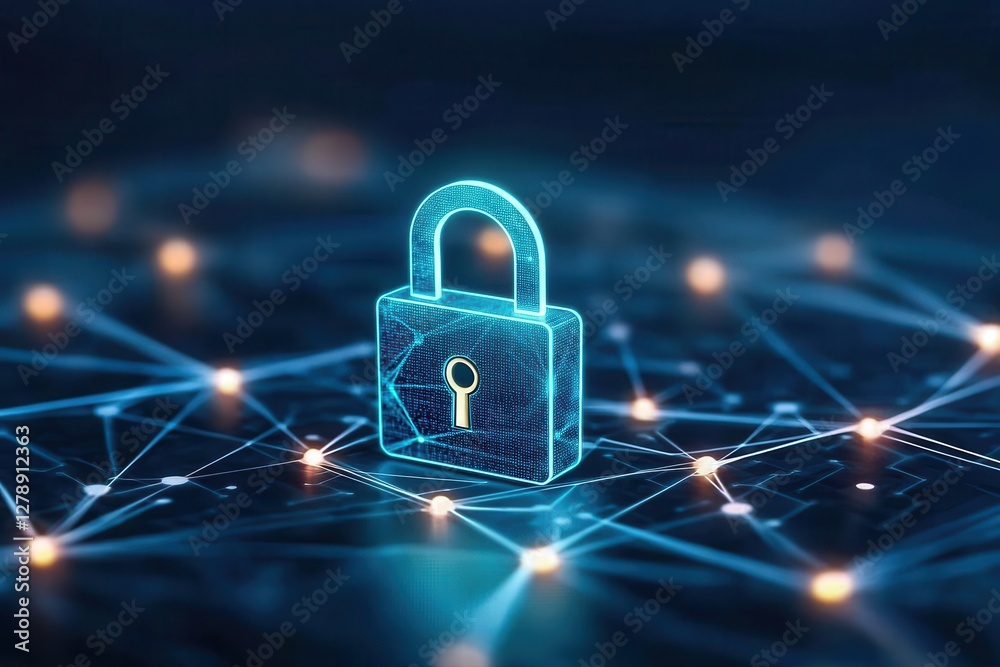 Poster digital lock symbolizing cybersecurity and data protection in a connected network.