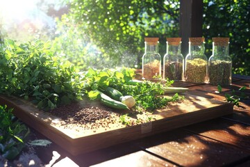 Seasoning fresh vegetables with herbs and spices on a cutting board outdoor kitchen photography natural light close-up detail