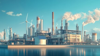 A large industrial plant with a windmill in the background