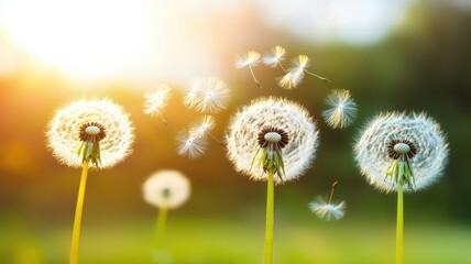 Dandelions in sunlight with seeds floating gently in the air, creating a serene, natural atmosphere.