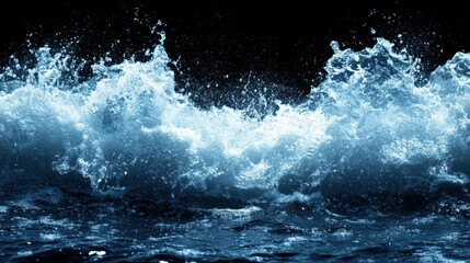 A dramatic aerial view of a wave crashing on the ocean, set against a striking black background, highlighting the power of nature.