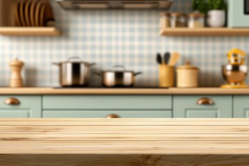 Modern kitchen interior with wooden countertop, pastel cabinets, and cooking utensils in a cozy atmosphere.
