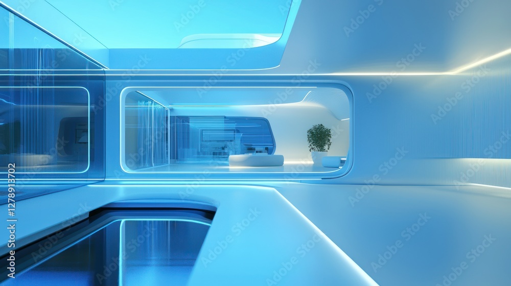 Poster a futuristic 3d smart home with sleek lines and glowing windows.