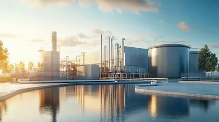 A large industrial plant with a large body of water in front of it