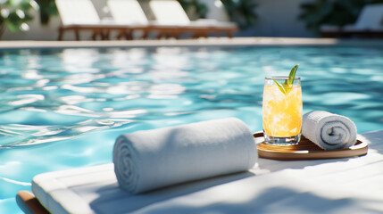 Obraz premium Luxury Poolside Scene with Refreshing Drink and Spa Towels in Sunlight