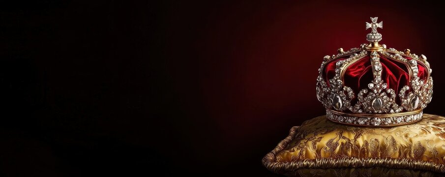 Illustration featuring a royal golden crown adorned with jewels resting on a luxurious golden pillow.