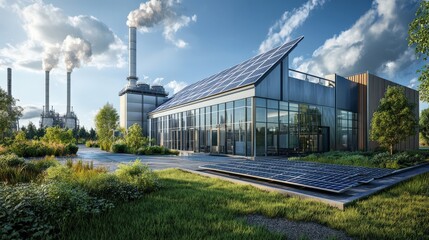 Obraz premium A large building with a lot of windows and a green roof