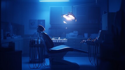 Empty dentist chair in a dimly lit room at night.