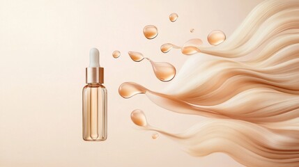 A luxurious hair serum is displayed alongside golden droplets, showcasing its ability to nourish and revitalize hair for a radiant appearance