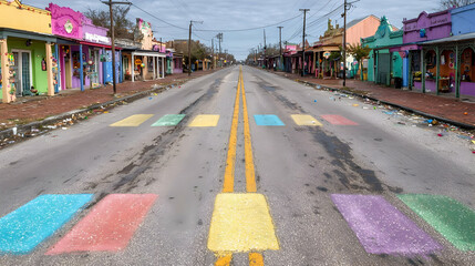 Colorful street, empty shops, debris, overcast sky; travel, tourism
