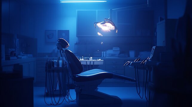 Empty dentist chair in a dimly lit room at night. - Powered by Adobe
