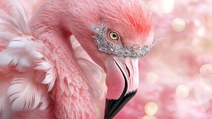Fototapeta premium Pink flamingo bird in masquerade mask fancy party dreamy environment elegant viewpoint whimsical concept