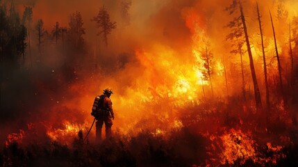 Fototapeta premium A firefighter stands in front of a forest fire