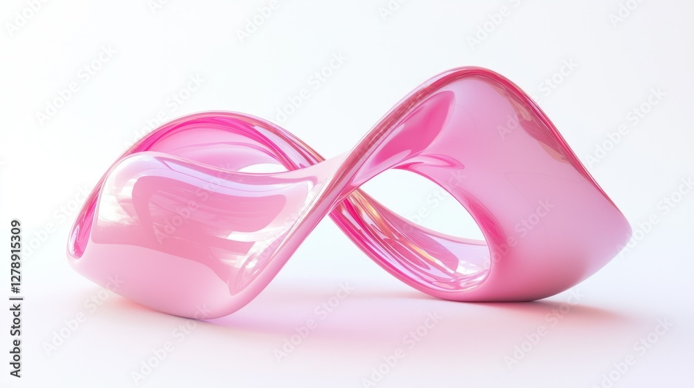 Poster A glossy pink ribbon creating curves and loops, isolated on white. 
