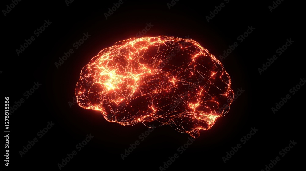 Poster A glowing 3D brain with neural connections represented by bright lines. 