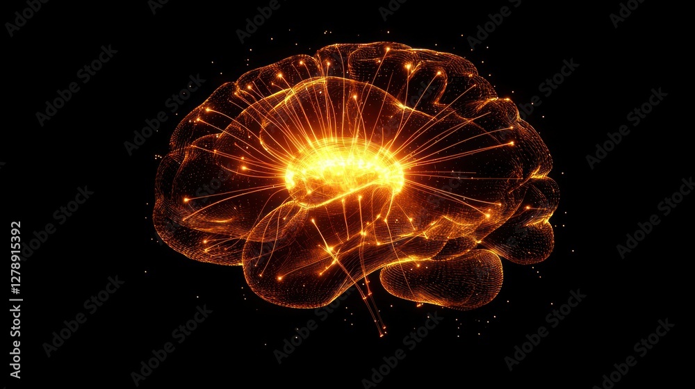Poster A glowing 3D brain with neural connections represented by bright lines. 