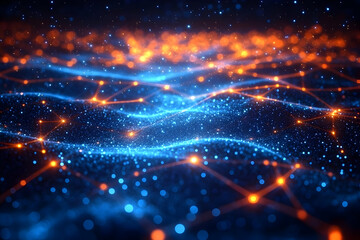 Fototapeta premium Abstract Network of Interconnected Nodes and Wavy Data Stream in Blue and Orange Hues