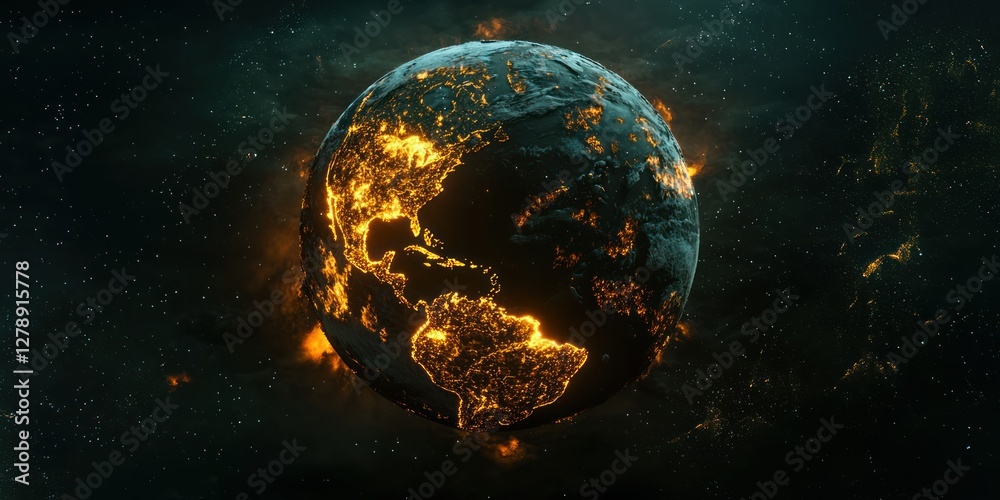 Poster a glowing 3d earth with detailed continents and oceans in space.
