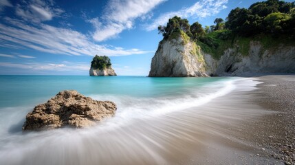 Obraz premium A large rock rests on the beach, surrounded by sand and near the gentle waves of the water, creating a serene coastal landscape.