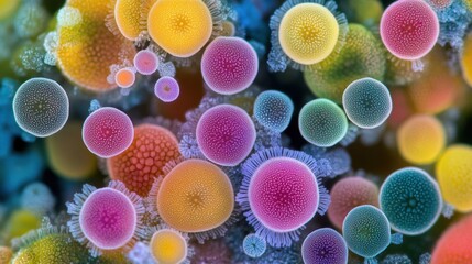A close-up of clustered mold spores in bright, vibrant tones, showcasing their biological complexity