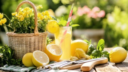 Fototapeta premium Refreshing Lemonade Drink with Lemons and Flowers
