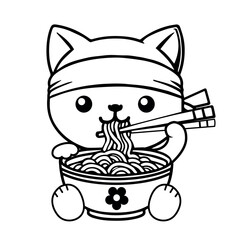 Cute Cat Eating Ramen cartoon vector illustration. Food Logo Concept Isolated Vector. Flat cartoon line icon vector. Contour symbol black illustration.