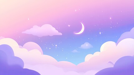 Pastel Sky Cloudscape Night Scene with Crescent Moon