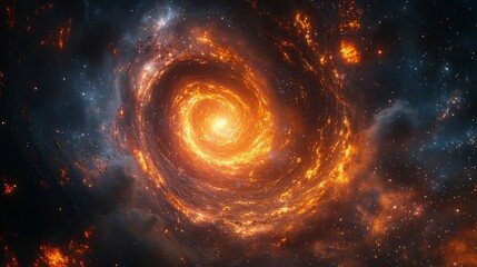 Fiery spiral galaxy swirling in deep space, cosmic nebula with bright orange and yellow hues.