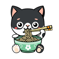 Cute Cat Eating Ramen cartoon vector illustration. Food Logo Concept Isolated Vector. Flat cartoon icon vector.