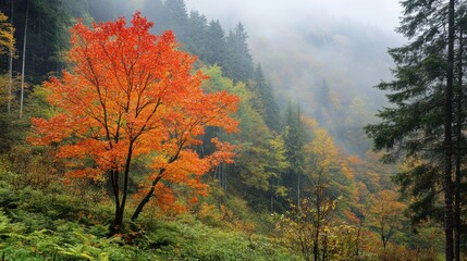 A tranquil forest scene featuring trees adorned with vibrant orange leaves under a misty, fog-laden sky, evoking a serene autumn atmosphere.