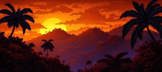 Fototapeta premium A vibrant sunset casts an orange glow over mountains and silhouettes of palm trees, creating a picturesque tropical landscape.