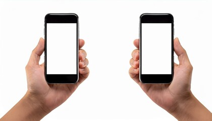 hands holding two mobile phones with empty screen mock up png file no background