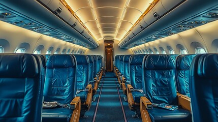 Fototapeta premium Empty airplane cabin interior with blue leather seats and aisle.