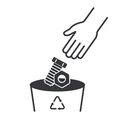 Isolated outline pictogram hand throw metal bolt and nut on trash bin, icon electronic waste separation
