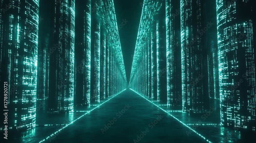Poster digitally lit futuristic tunnel with data and technological patterns