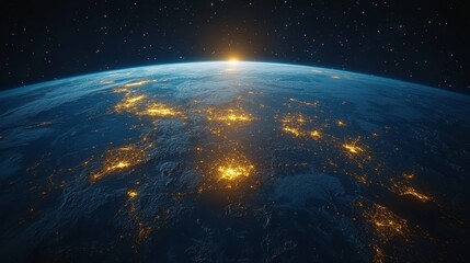 Obraz premium Sunrise over Earth, showing city lights at night from space.